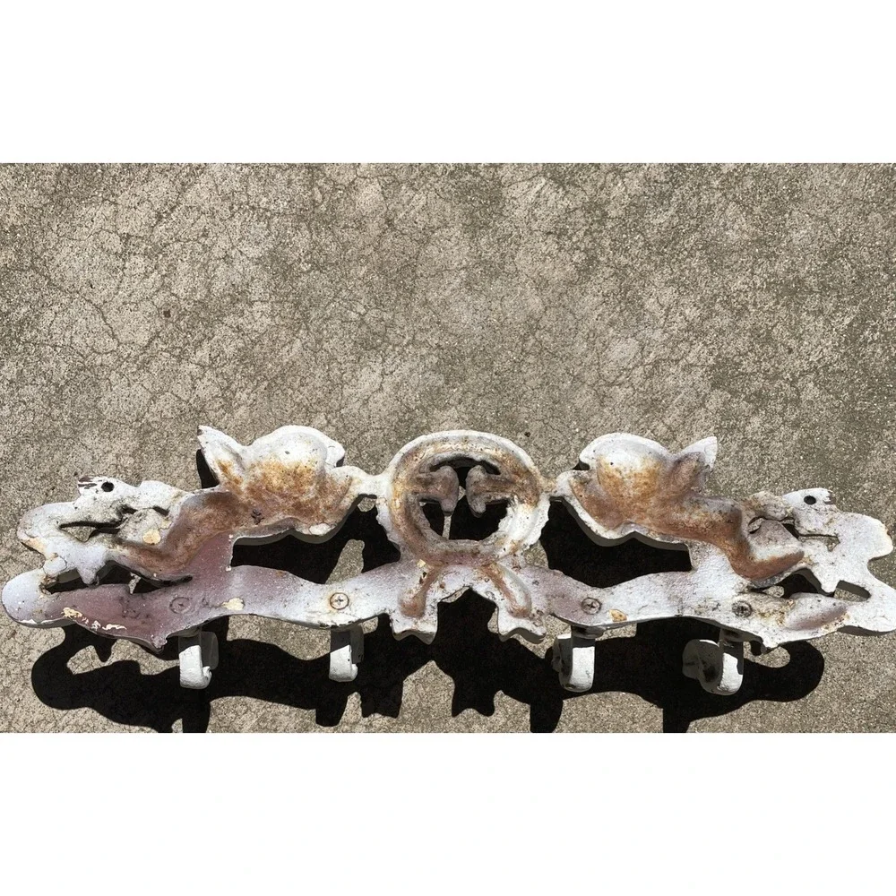 Vintage Ornate Cherub Wall Decoration Painted White Cast Wrought Iron Hook Metal